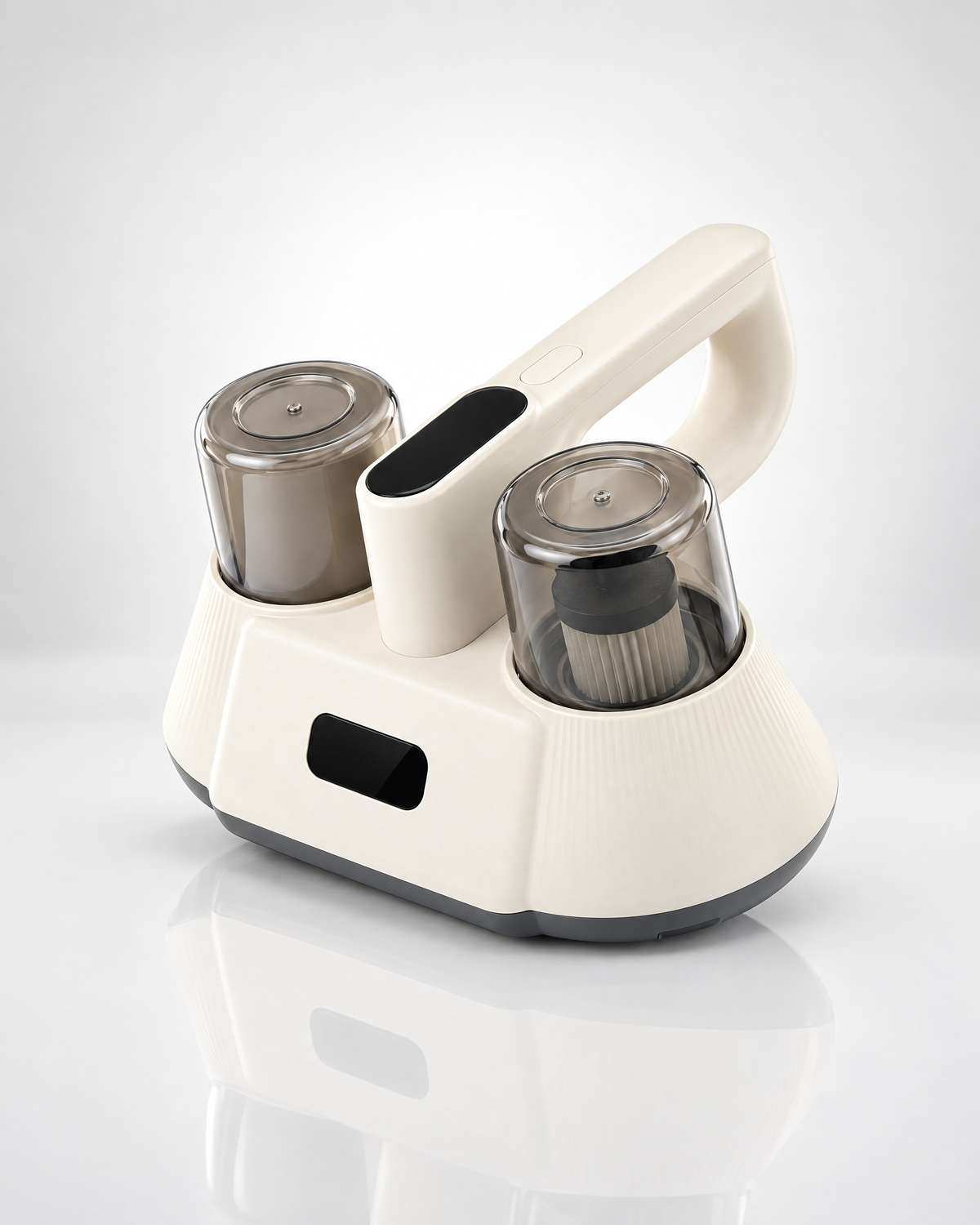 Premium studio shot of the LumaNest cordless mattress vacuum on a reflective pedestal with soft gradient background