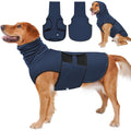 CalmVest navy — side view, front and back flat lay, and hood-up view