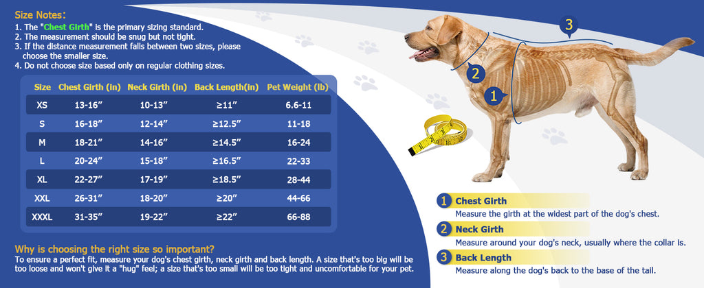 CalmVest official size chart with chest, neck, back length and weight measurements