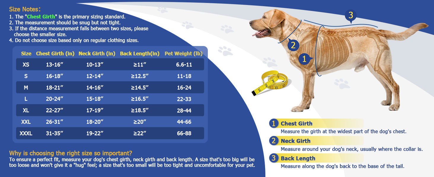CalmVest official size chart with chest, neck, back length and weight measurements