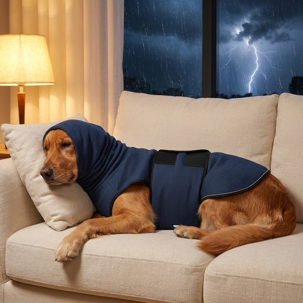 Golden retriever calm on sofa wearing CalmVest with hood up during a thunderstorm