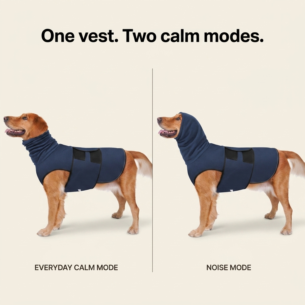 One vest two calm modes — everyday calm mode hood down and noise mode hood up