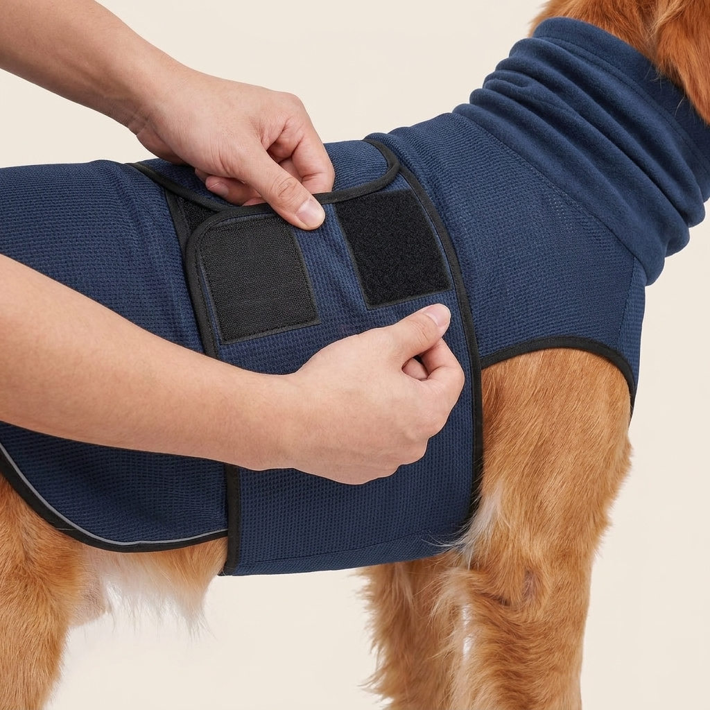 Fastening the CalmVest adjustable velcro belly wrap