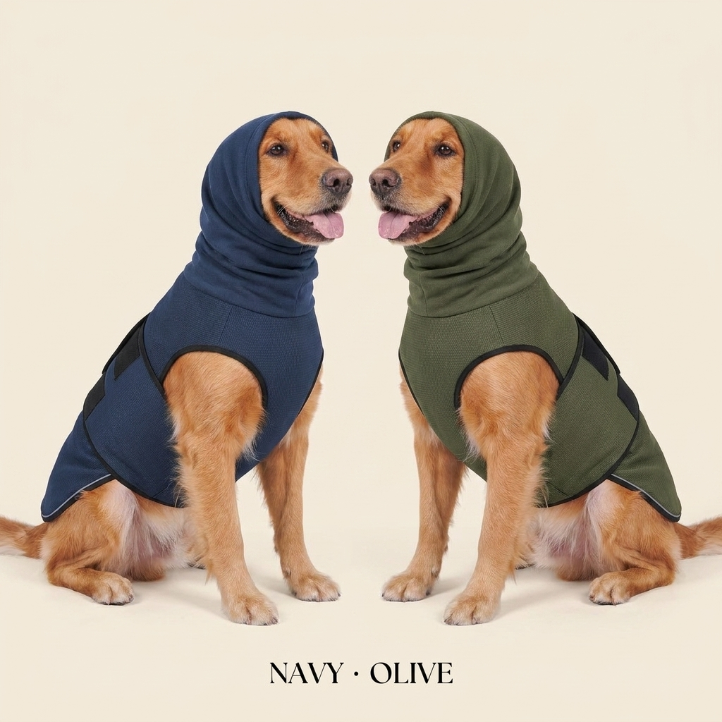 CalmVest in Navy and Olive — two dogs side by side