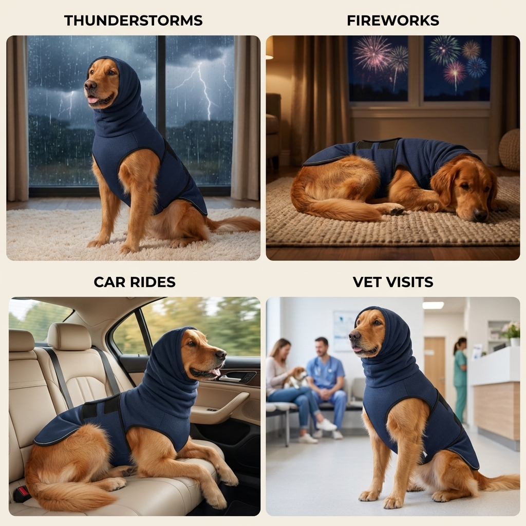 CalmVest use cases — thunderstorms, fireworks, car rides, vet visits