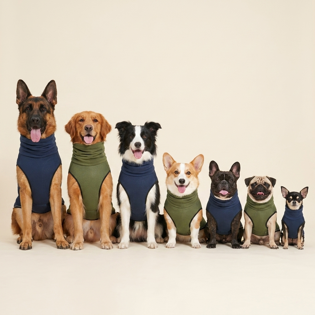 Seven dogs from XXXL to XS wearing CalmVest in navy and olive