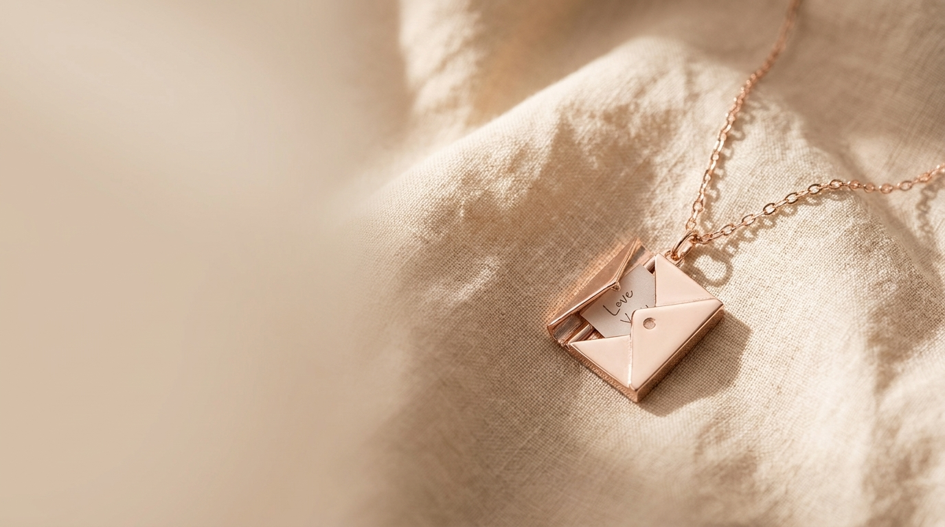 Zelun homepage hero — The Letter envelope locket necklace, opened
