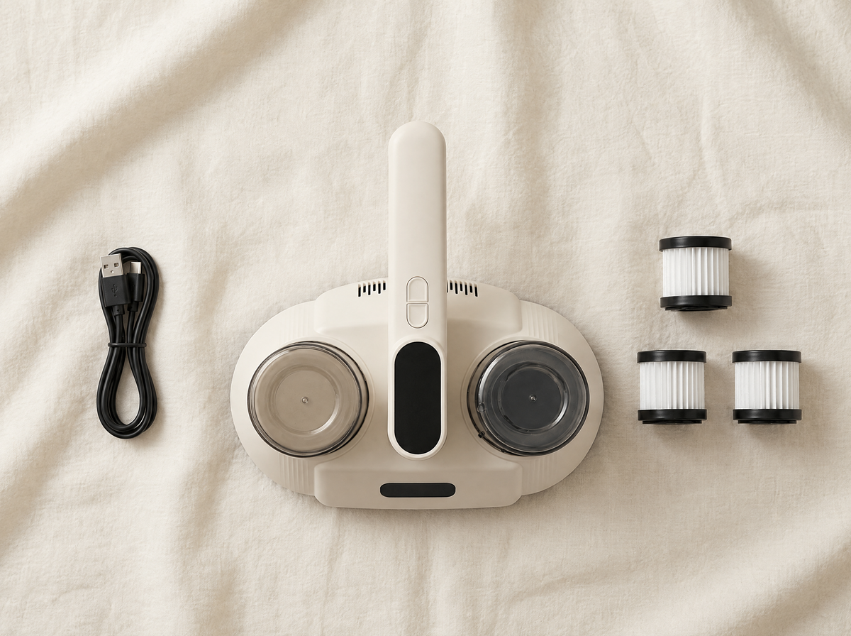 LumaNest cordless UV-C mattress vacuum with USB-C charging cable and three washable filters laid out on a bed