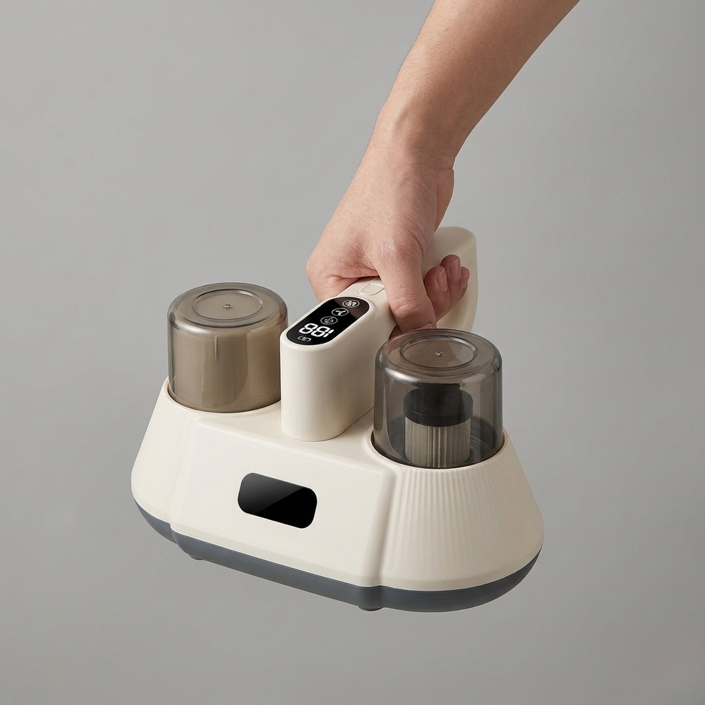 Hand lifting the LumaNest mattress vacuum by its handle, showing the digital suction display