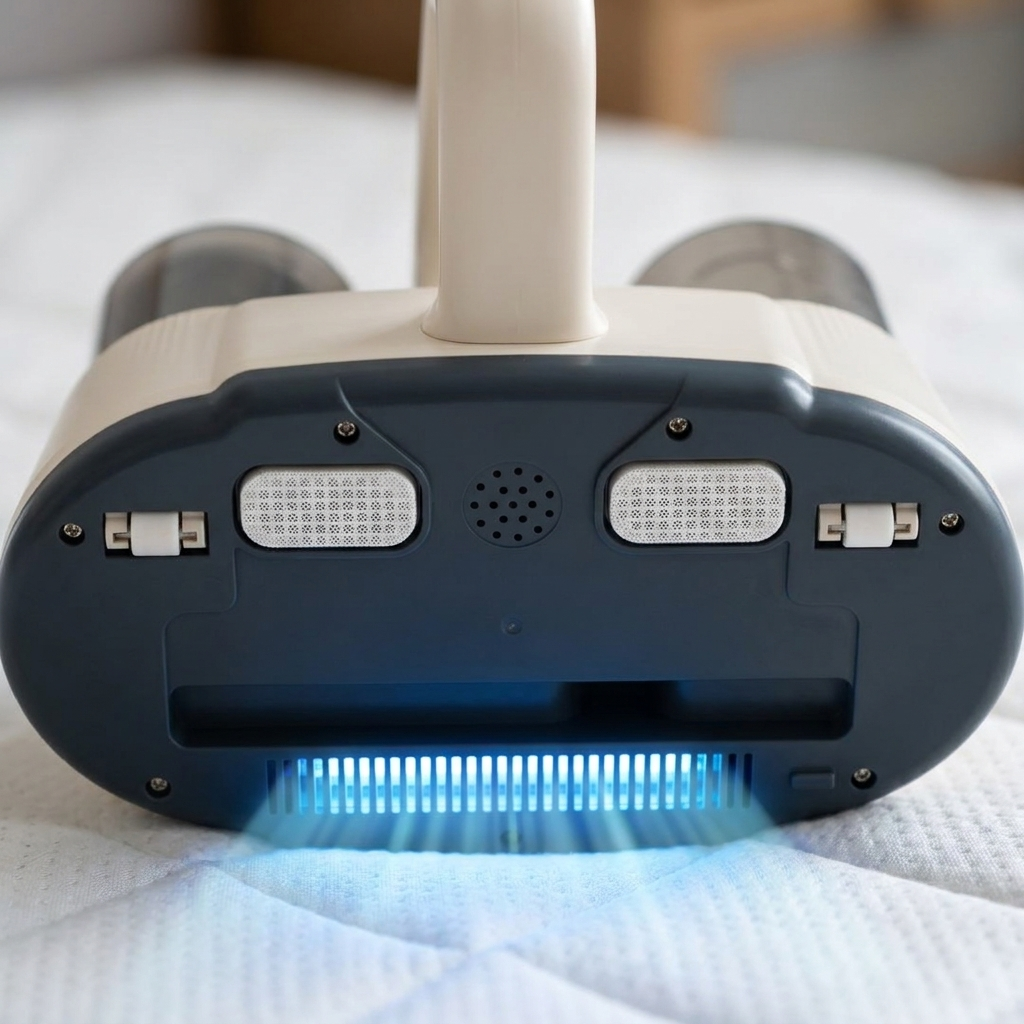 Close-up of the LumaNest vacuum's underside showing the built-in UV-C light glowing against mattress fabric