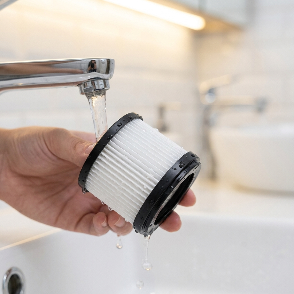 Rinsing a LumaNest washable filter under a bathroom tap for reuse